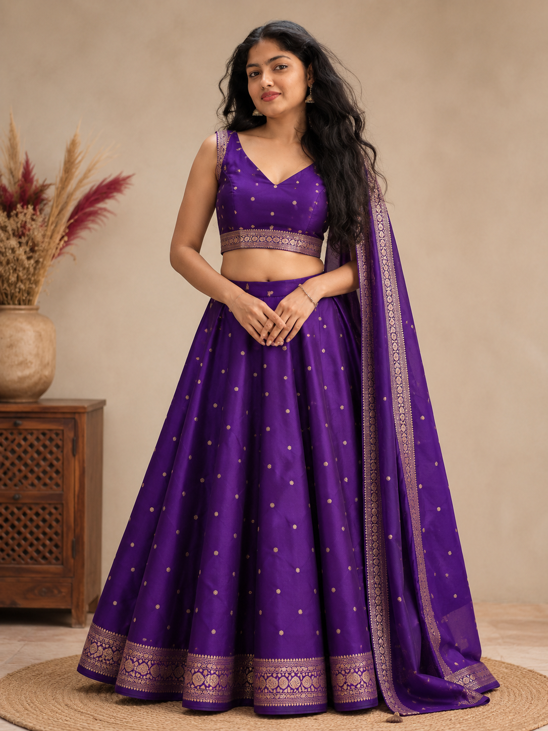 Royal Purple Banarasi Silk Lehenga Set with Gold Zari Butti & Dupatta - Image 1